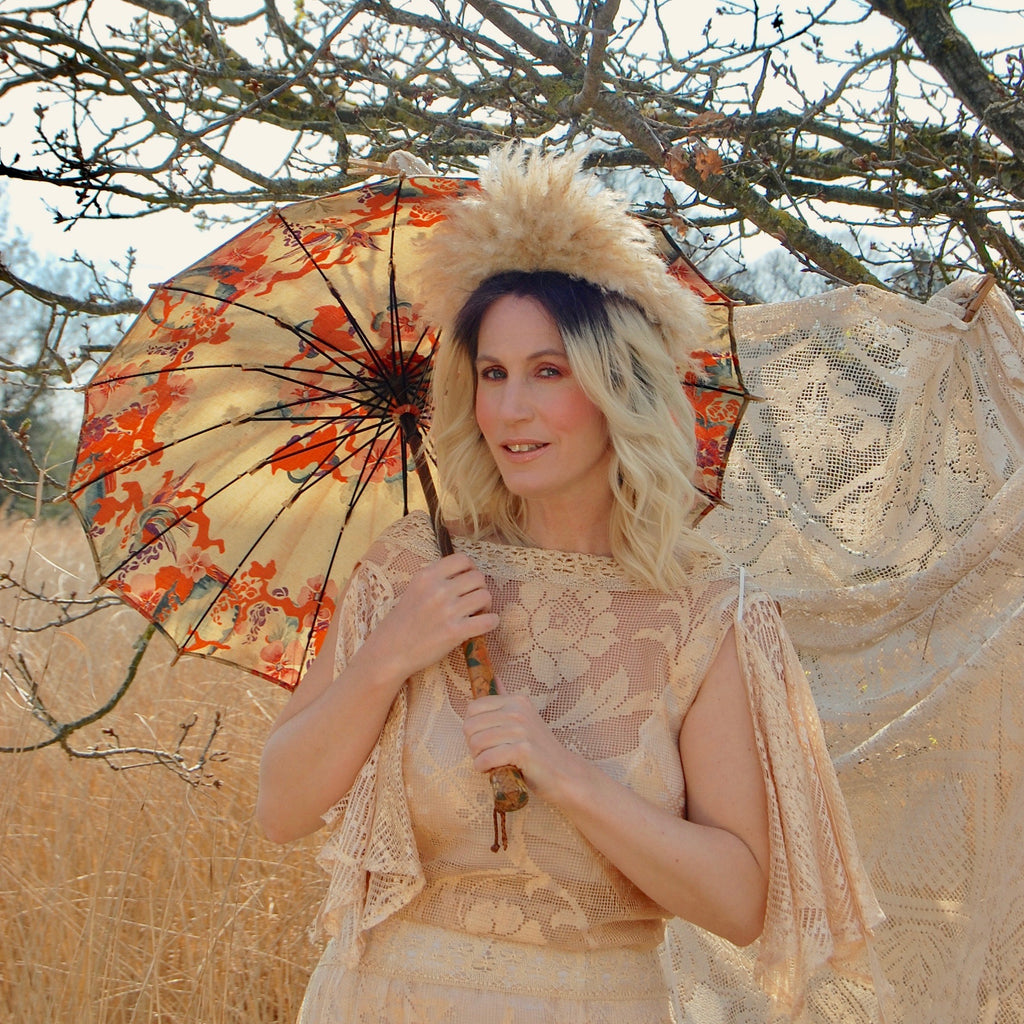 Coral Parasol: Early Acetate, Lucite Handled Umbrella/Parasol 1920s top