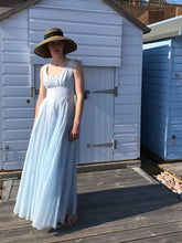Original 1950's Pale blue flocked organza full length dress. Size Uk 8 (US 6, EU 36)