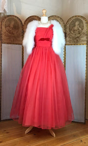 Red organza 1950's prom dress with boned bodice, ankle length. Uk 10 -12 (US 8-10, EU 38-40)