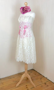Stunning 1960's wedding dress in French lace with raspberry pink silk taffeta inserts. sixties wiggle dress style 