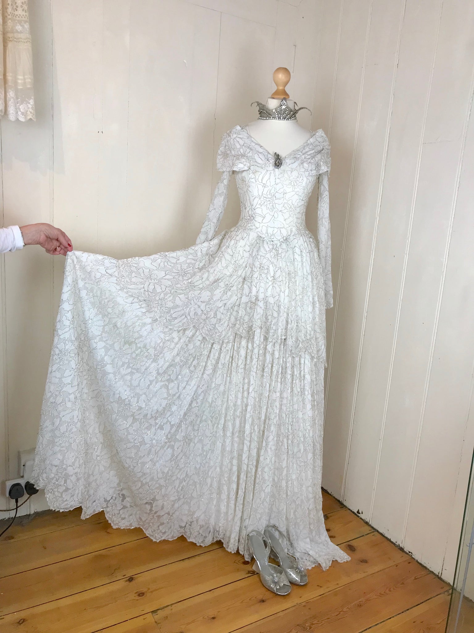 silver thread dress Vintage Halter Neck Silver Thread Beaded Satin Train Wedding Dress P29 PreppyDress