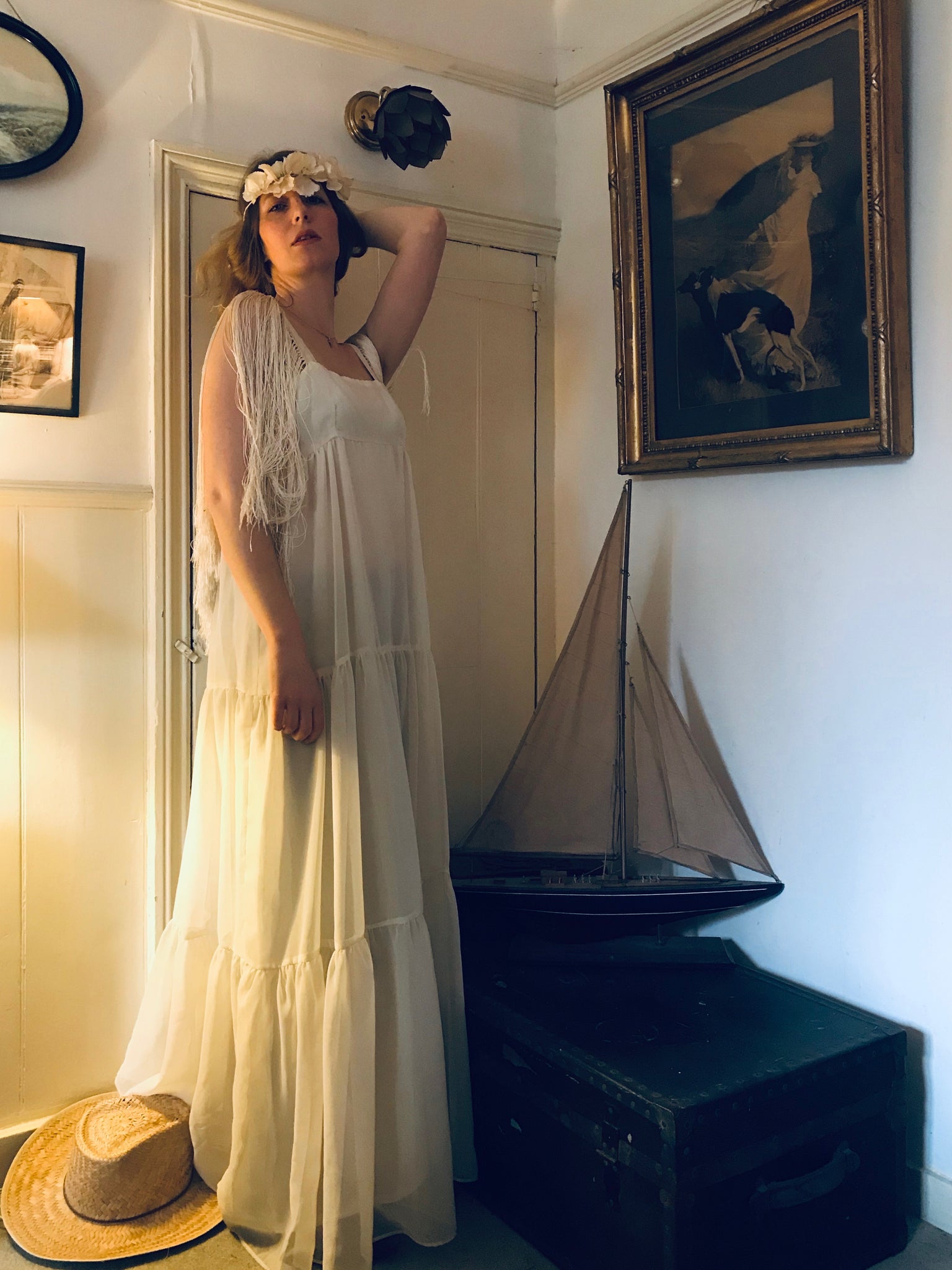 Long white 1970 s original vintage grecian style dress with