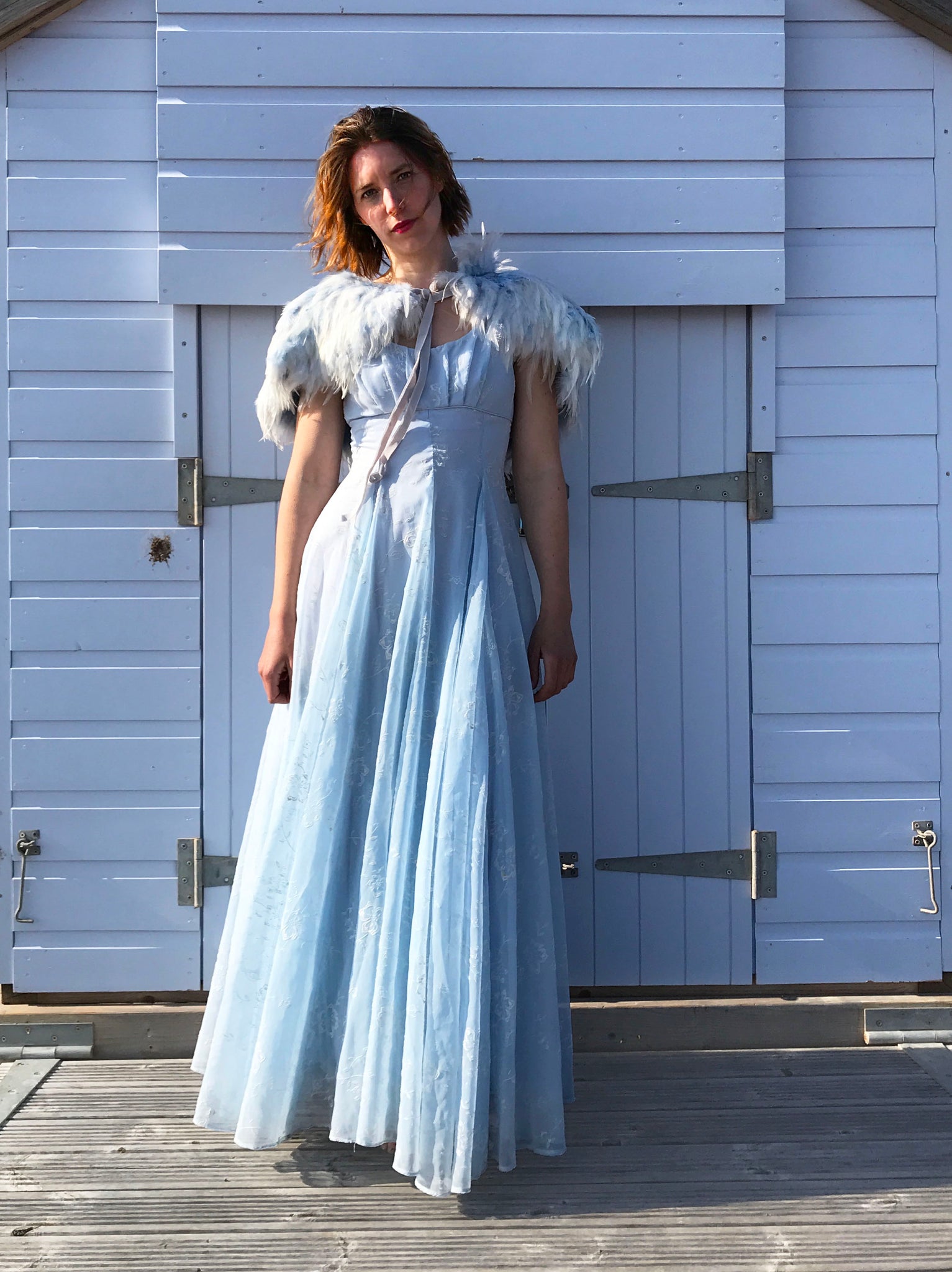 Original 1950's Pale blue flocked organza full length dress. Size Uk 8 Days of Grace Vintage Original 1950's Pale blue flocked organza full length dress. Size Uk 8 Days of Grace Vintage